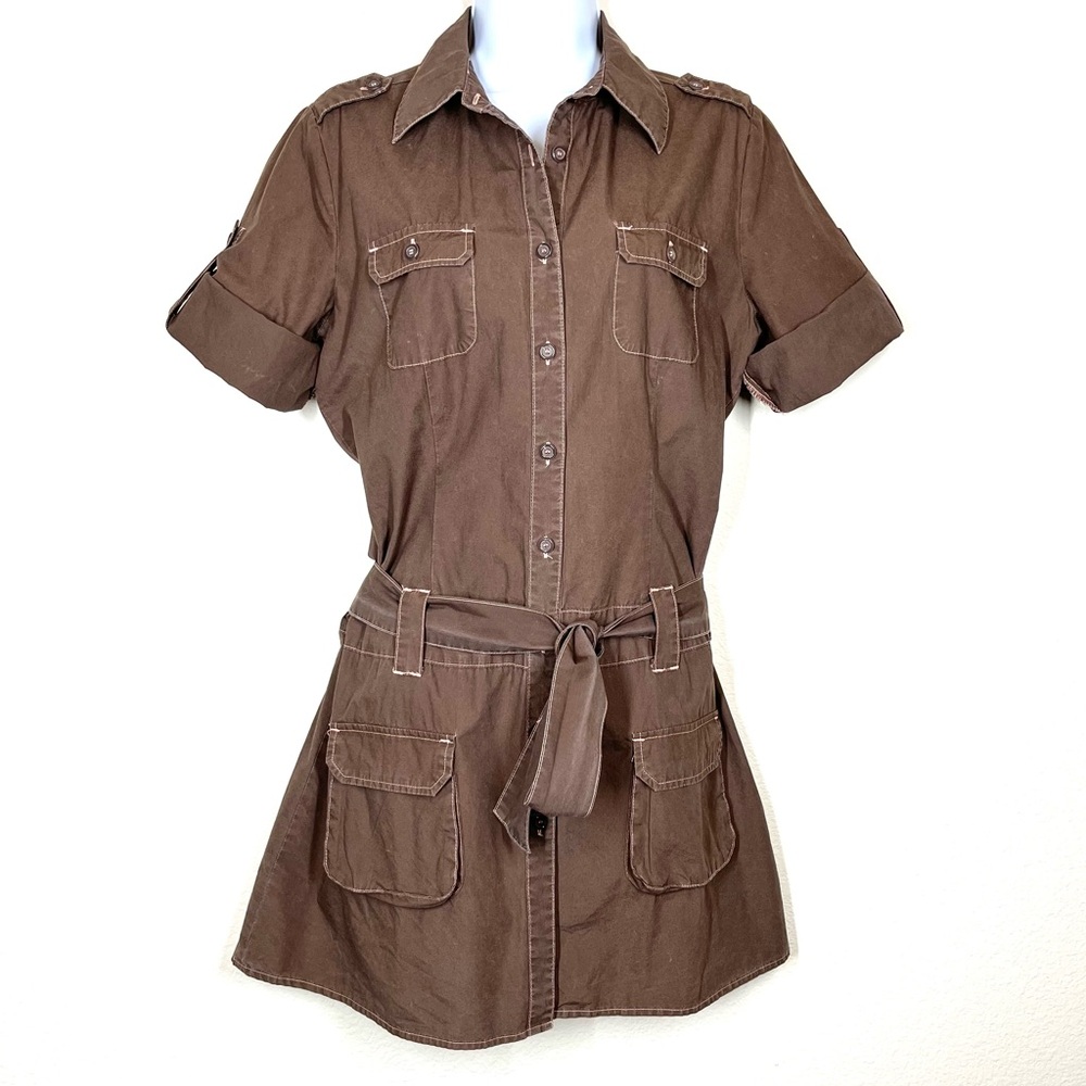 Nori | Y2K Cargo Style Belted Button Up Tunic Length Shirt Dress / Trench Dress